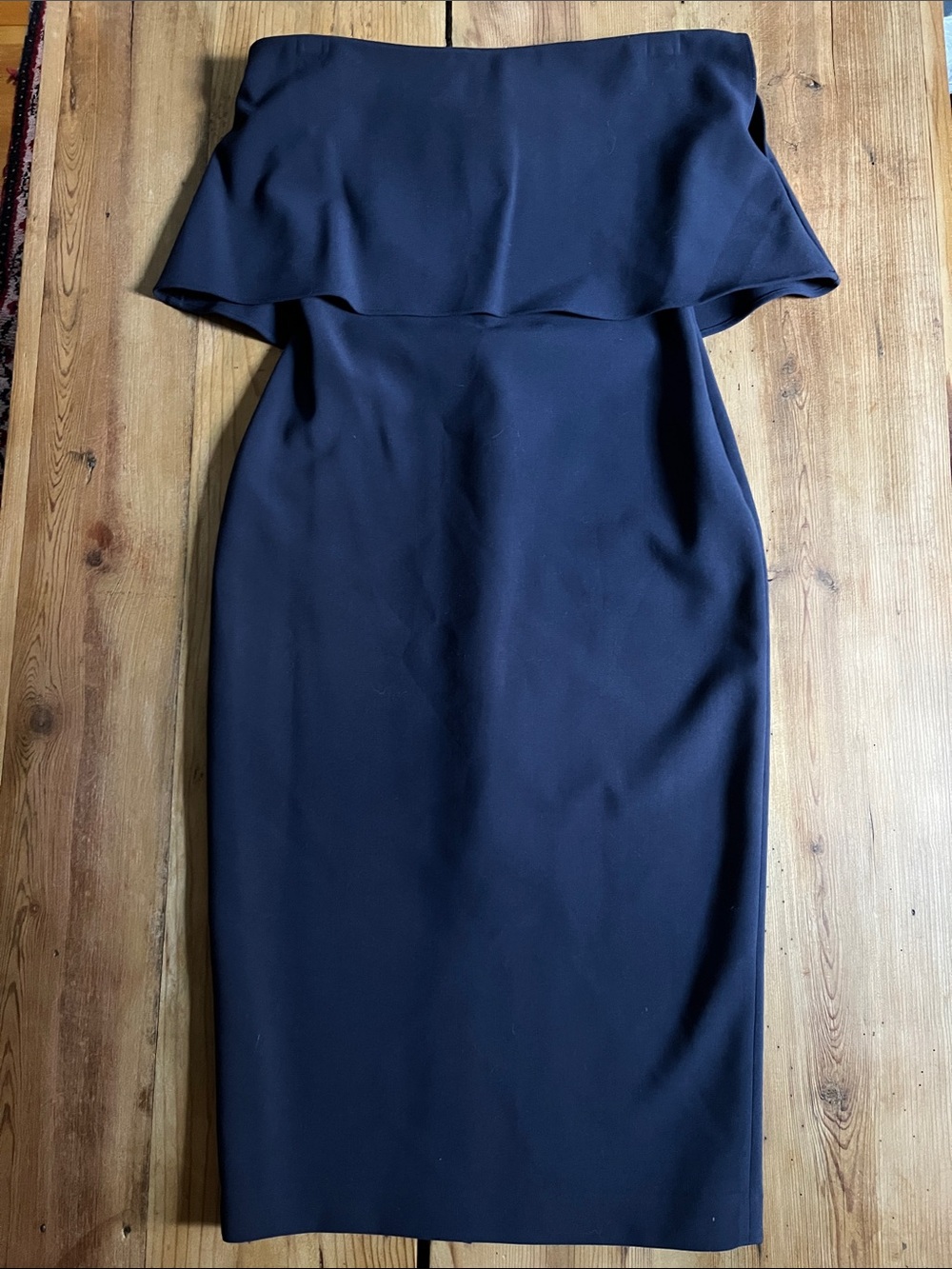 LIKLEY 2 Navy Blue Ruffled Pencil Dress Spaghetti Straps Ponte Slit